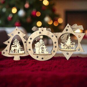 3D Wooden Christmas Scene Ornaments – Set of 3 (Tree, Bauble, Star)